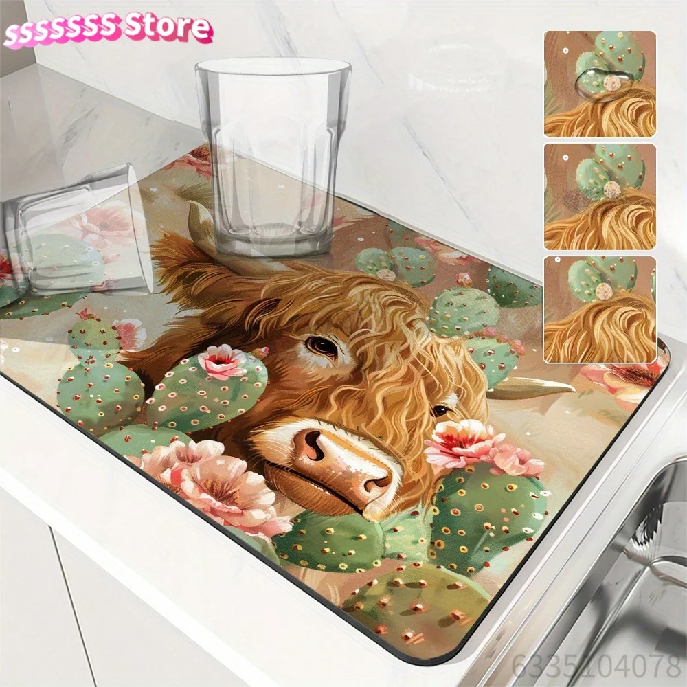 Cactus Flower Cow Watercolor Absorbent Dish Drying Mat for Kitchen Counter - Polyester Rubber Non-Slip Heat-Resistant Mat for Di