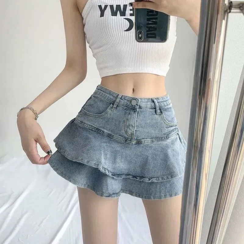 

2023 Sexy Ruffle Mini Skirt Denim Women Summer Vintage Cute High Waist Patchwork A-line Short Jeans Skirt Gyaru Streetwear