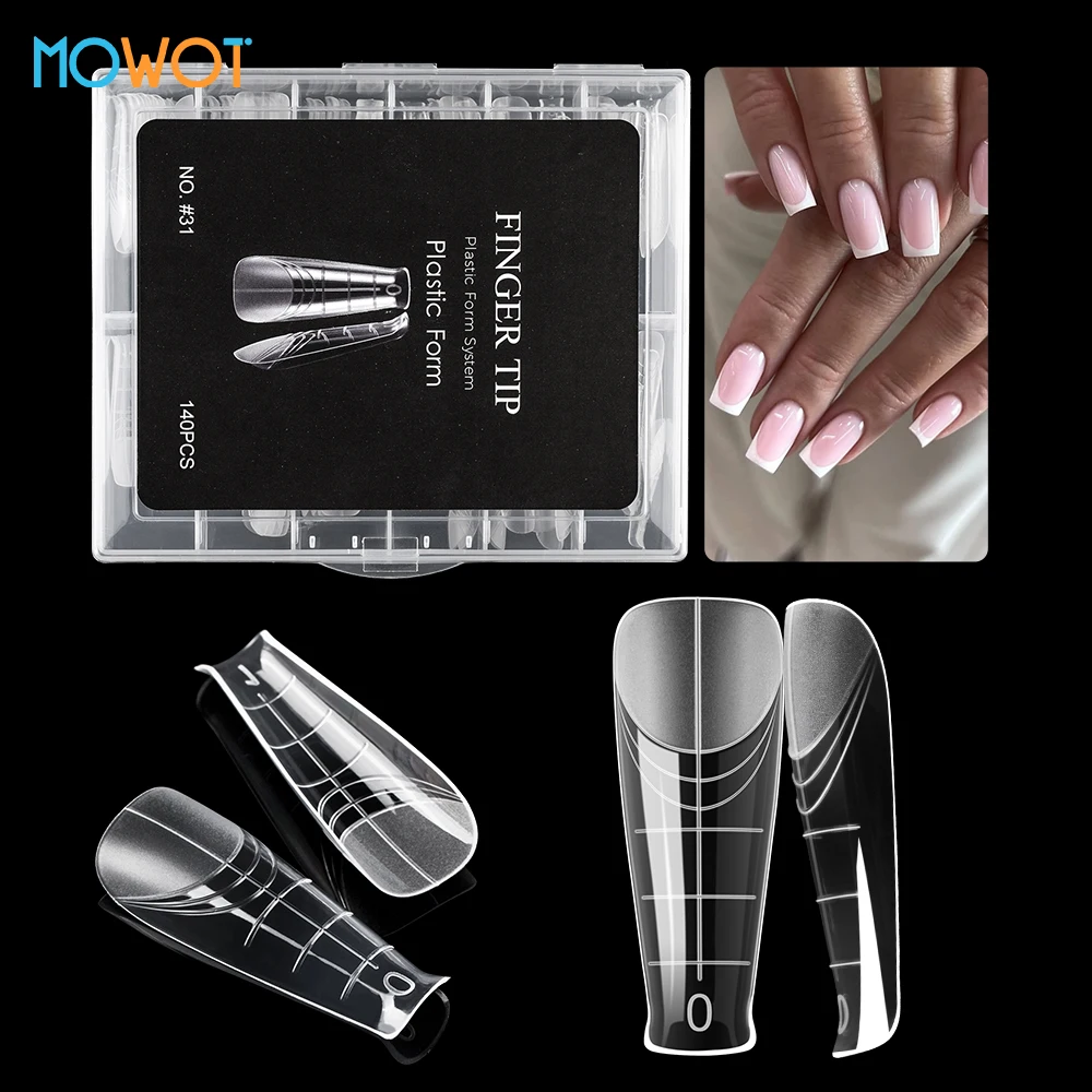 MOWOT 140pcs Clear Dual Forms Nail Extension Molds Acrylic Reusable Top Forms 14 Sizes Full Cover Nail Tips Poly Nail Gel Molds