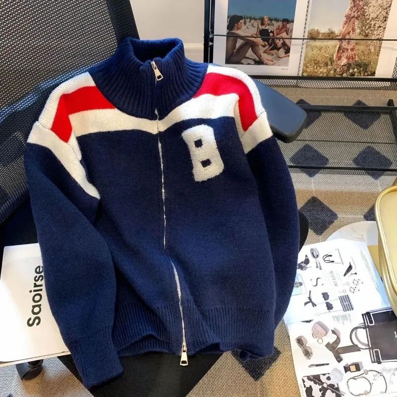 

Korean Style Color-blocked Long-sleeved Sweaters for Men Women Autumn Winter Knitted Cardigans Short Coats