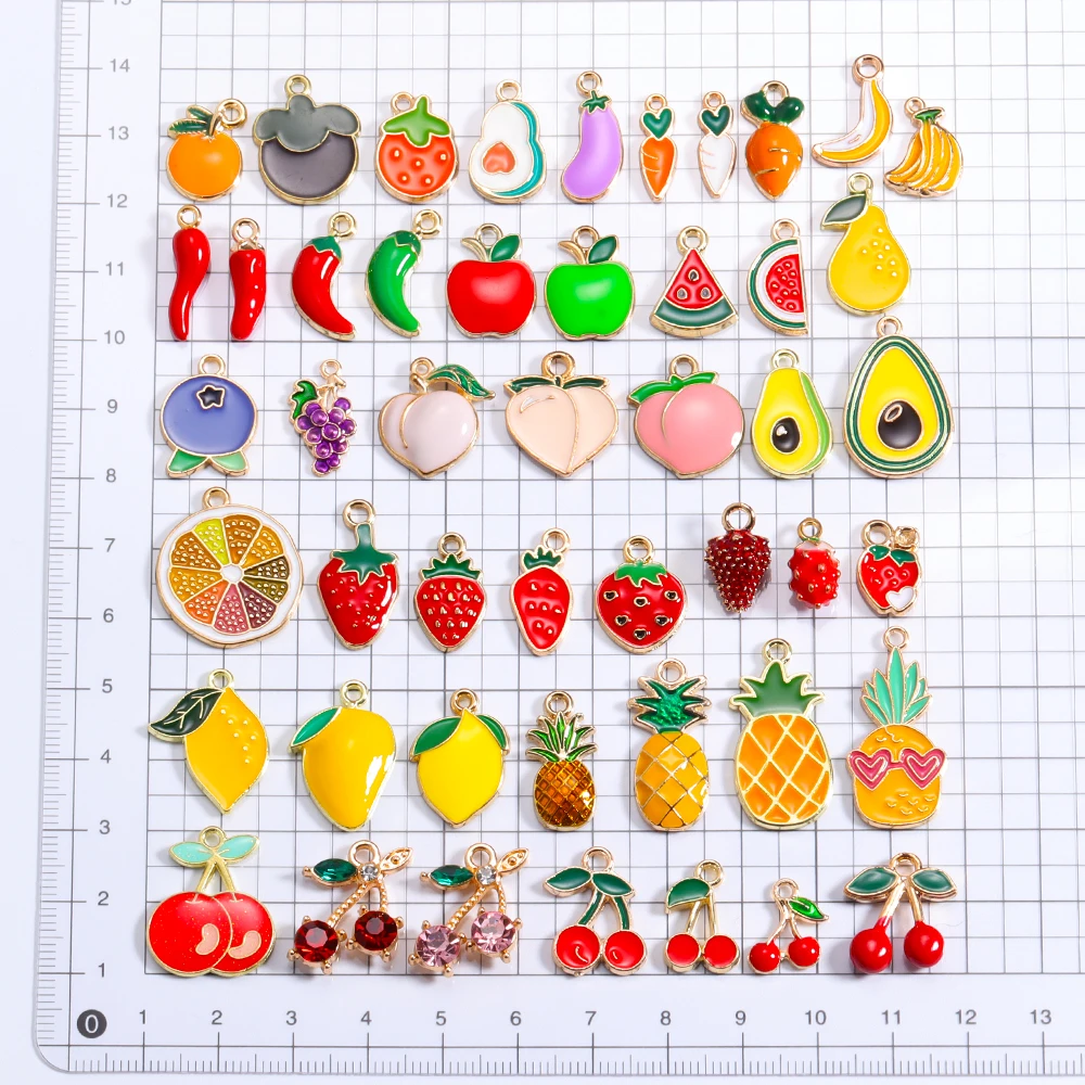 10Pcs/Set Lovely Enamel Cherry Watermelon Peach Strawberry Pineapple Fruit Pendant Charm for Women\'s Earrings DIY Jewelry Making