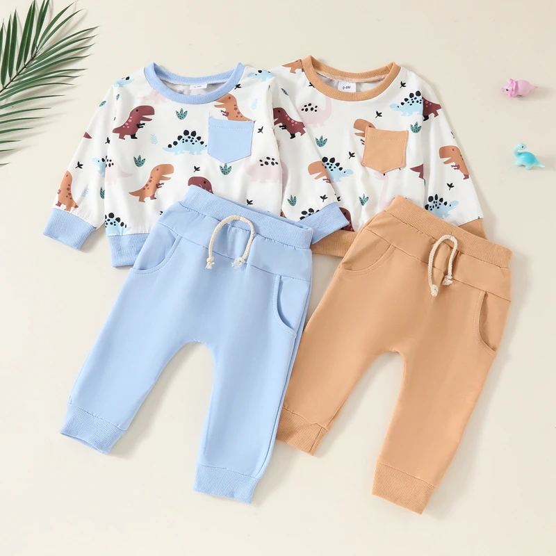 

Autumn Toddler Kids Clothes Boys Long Sleeve Dinosaur Print Pocket Sweatshirts Tops Pocket Pants Sets