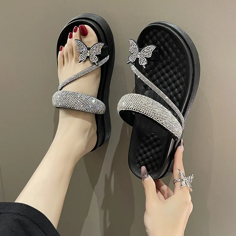 Zapatillas de espiga con lazo de diamantes de imitación para mujer, zapatillas cómodas y antideslizantes para el hogar y actividades al aire libre, novedad de verano