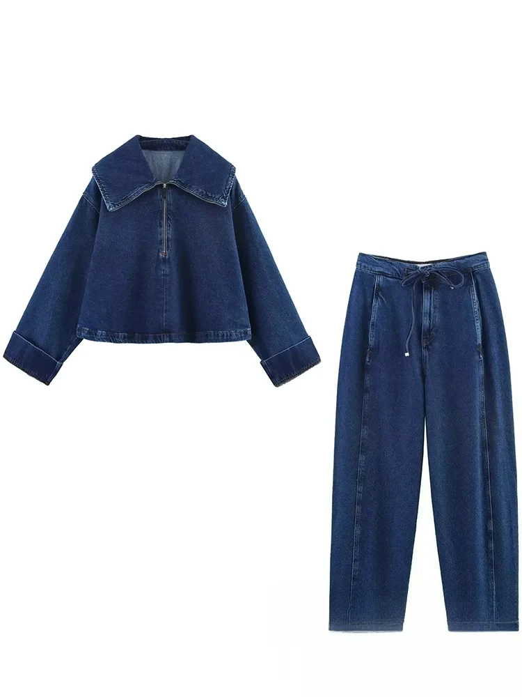 

KONDALA винтажный повседневный шикарный женский ковбойский костюм на молнии, свободные куртки с длинными карманами, брюки, мода 2025, весна-лето, джинсовые костюмы