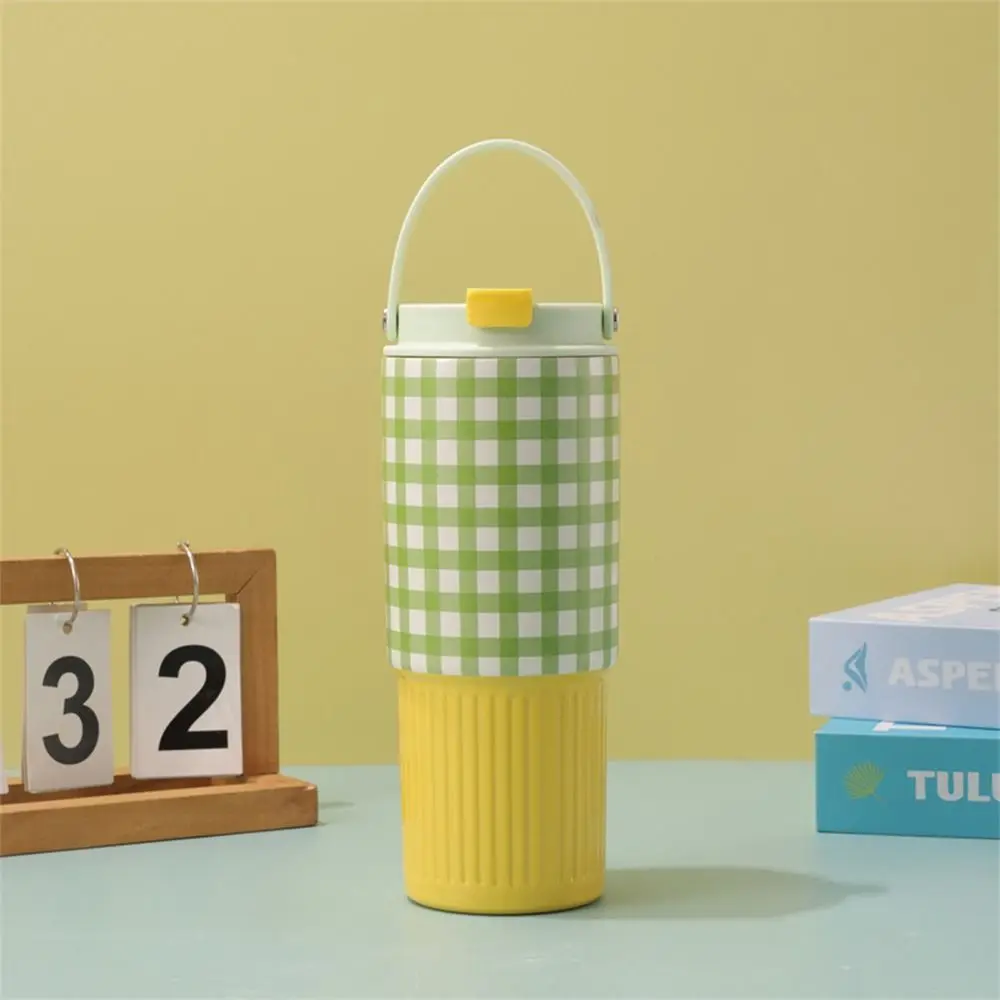 Durable 800ML Stainless Steel King Cup With Handheld Insulation Or Cooling Vacuum Straw Cups Bow Love Grid Print Vacuum Cup Gift