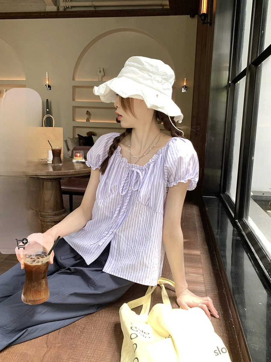 

Sweet Sli Holli Korean Sle Women's irt Bubble Sve Striped Top Summer 2025 New Faion High Waist Commute Sle