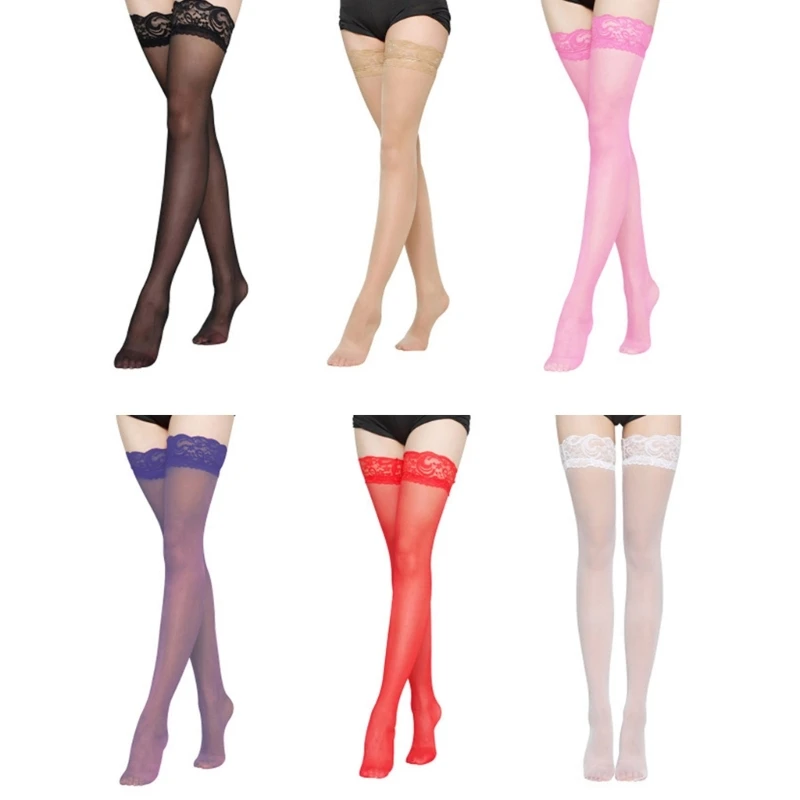 Silk Thigh High Stockings with Flower Lace Top Lingerie Stockings for Women See Through Over Knee Long Socks Hosiery