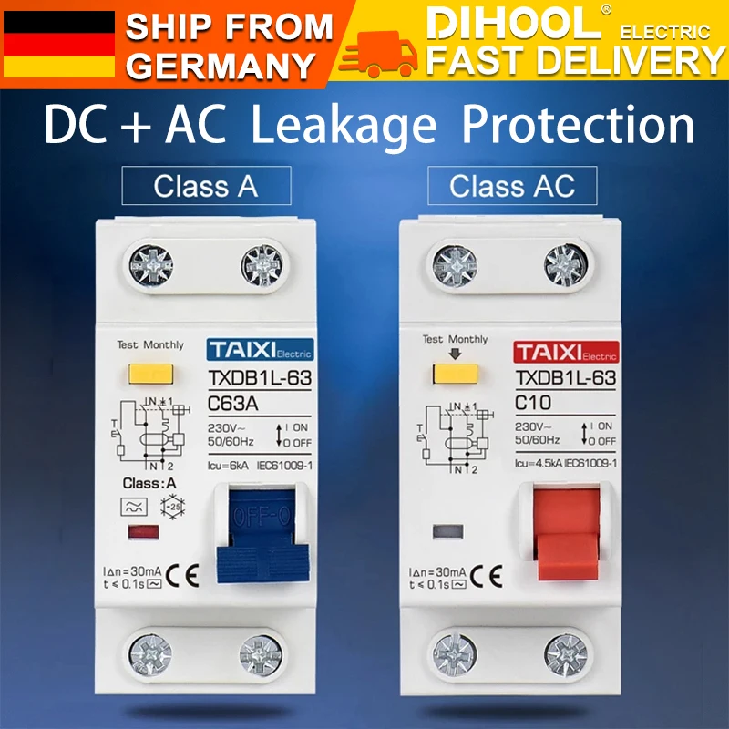 Type A  AC CLASS Rcbo 110V 220V RCCB 10A 20A 40A 50A 63A 30mA Residual Current Circuit Breaker Leakage WIth Overload Protection