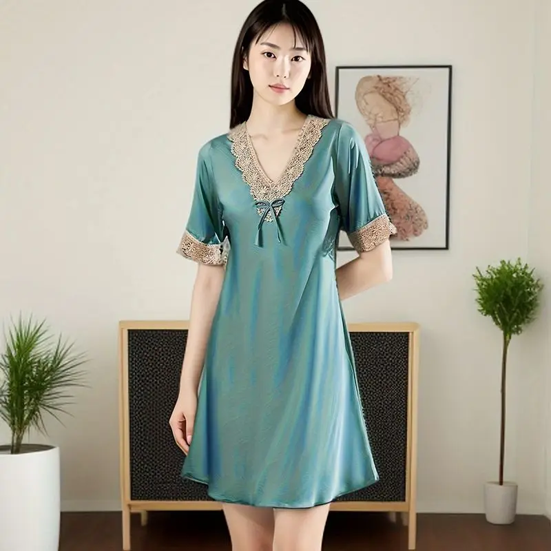 Sexy Nightgowns Women Lace Embroidery Short Sleeve Mini 4XL Solid French Style Tender Cozy Home Sleepwear Temperament Summer - Image 3