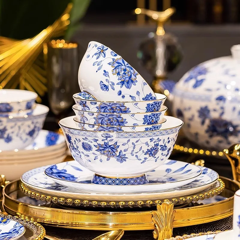 Chinese Blue and white porcelain plates dinner sets luxury gold rim bone fine china dinnerware set vajillas completa Bowl set