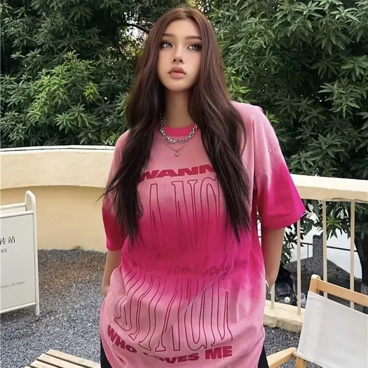 

Women Cool Cross Chain Fashion Top Summer Oversized 2025 Harajuku Cotton Material Retro Street Hip-hop Tie-dye Graffiti T-shirt