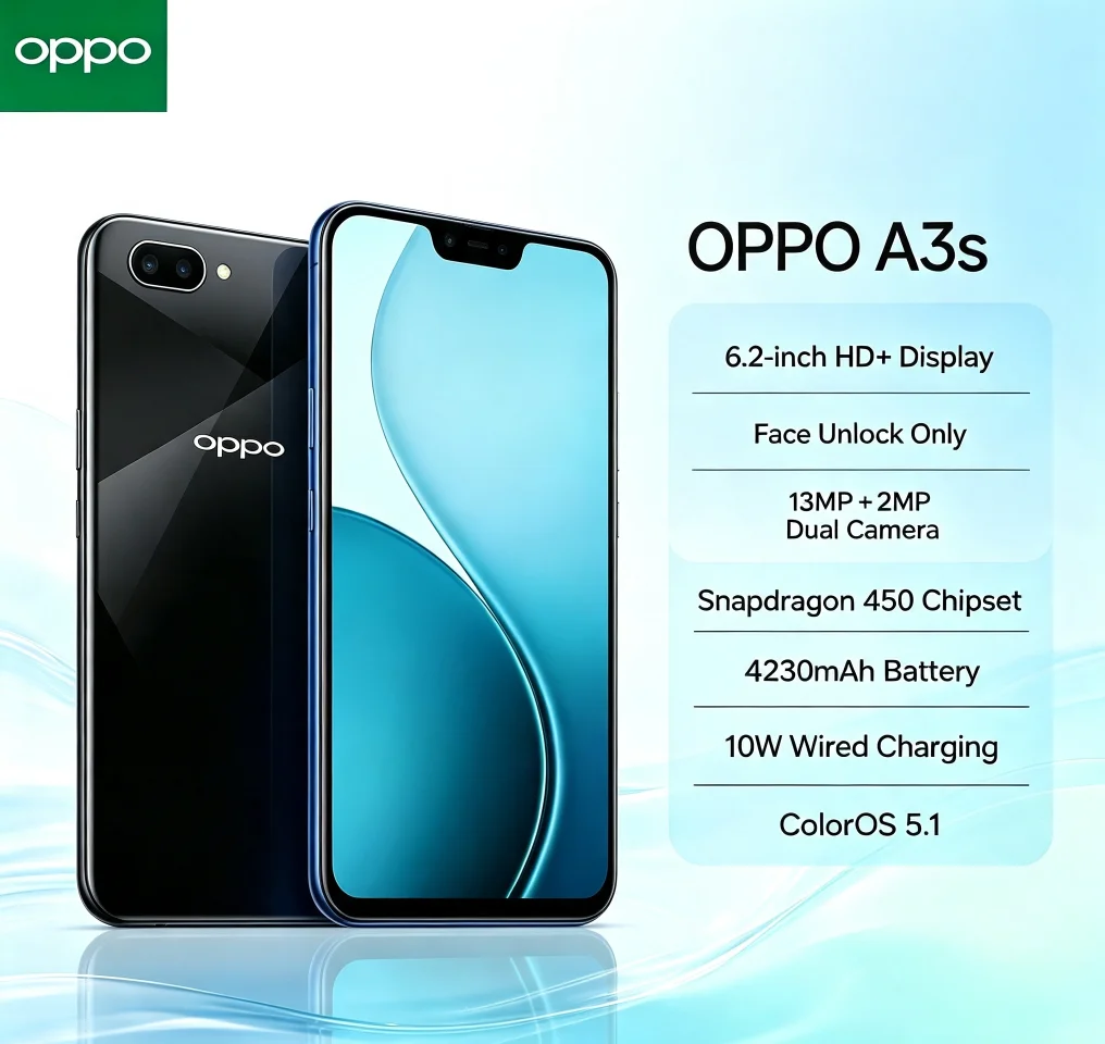 2026 Brand New OPPO A3s Unlocked 5G Mobile Phone 8GB+256GB Dual SIM 6.2-inch HD+ Display MediaTek Helio P35 AI Smart Camera