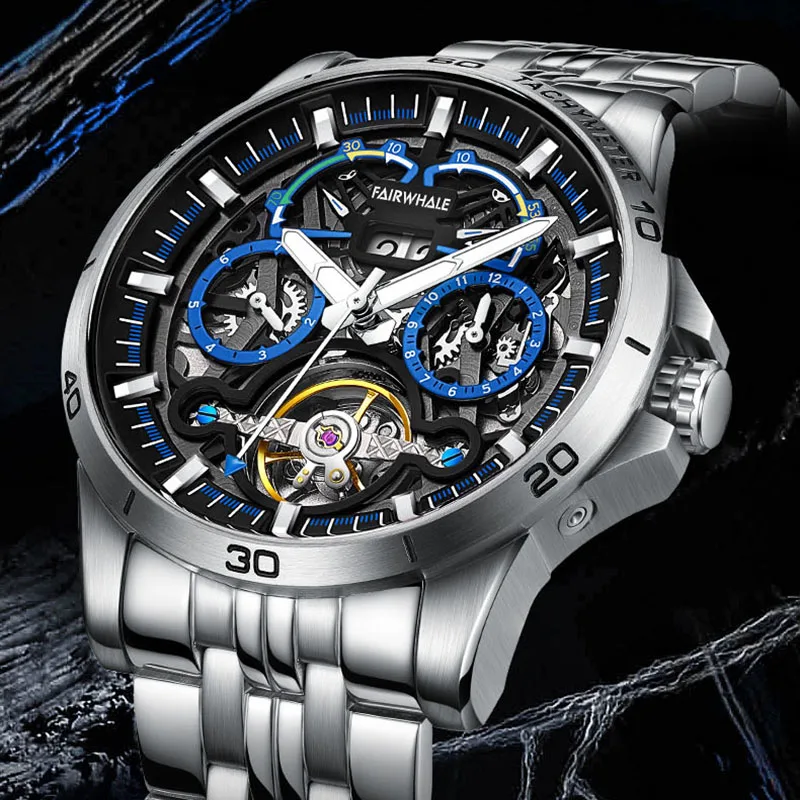 Luxuey Mens Watches Brand Mark Fairwhale Business Stainless Steel Automatic Wristwatch Fashion Tourbillon Mechanical Watches Man