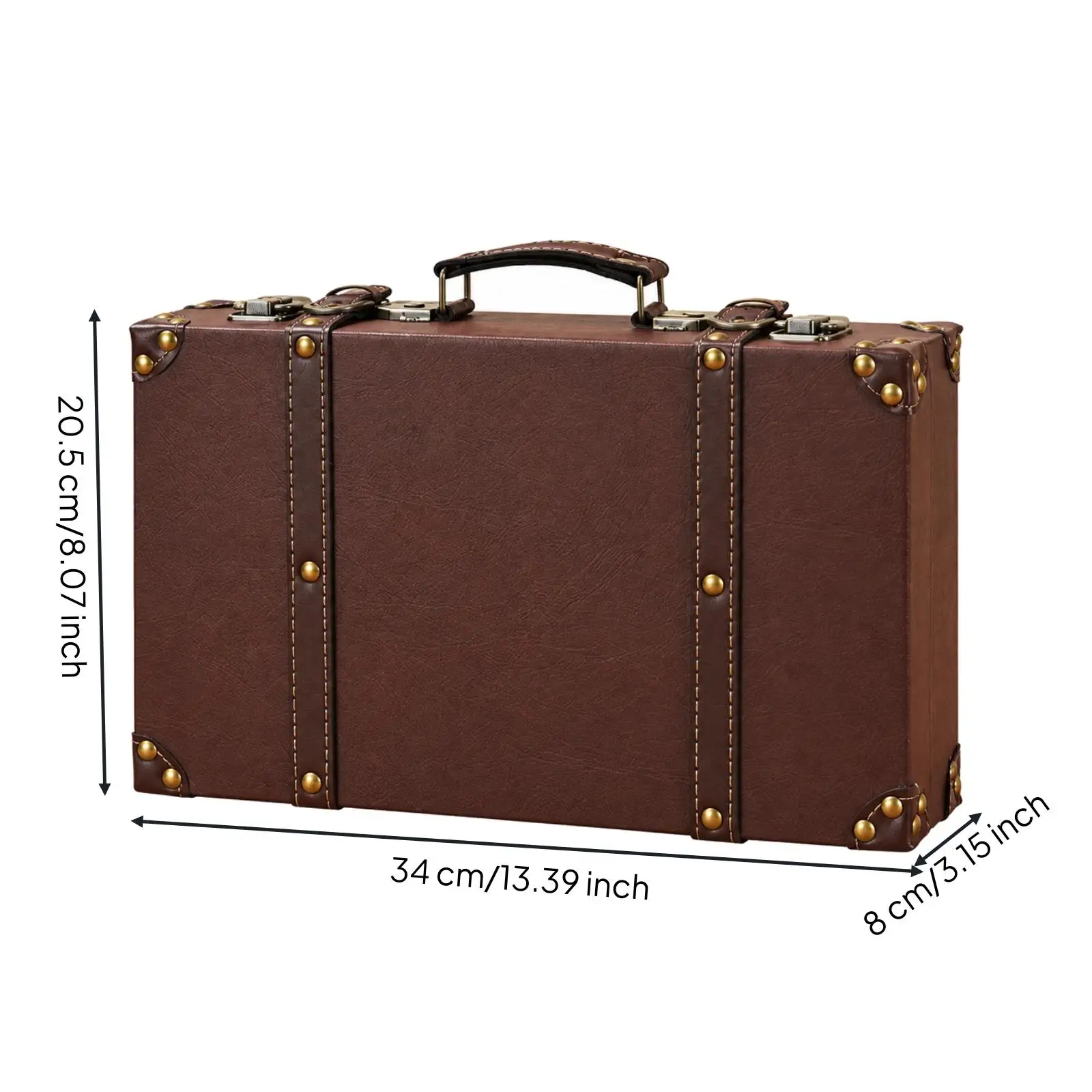Antique Brown Leather Suitcase Storage Chest with Riveted Corners for Living Room Shelf Decor and Prop Use