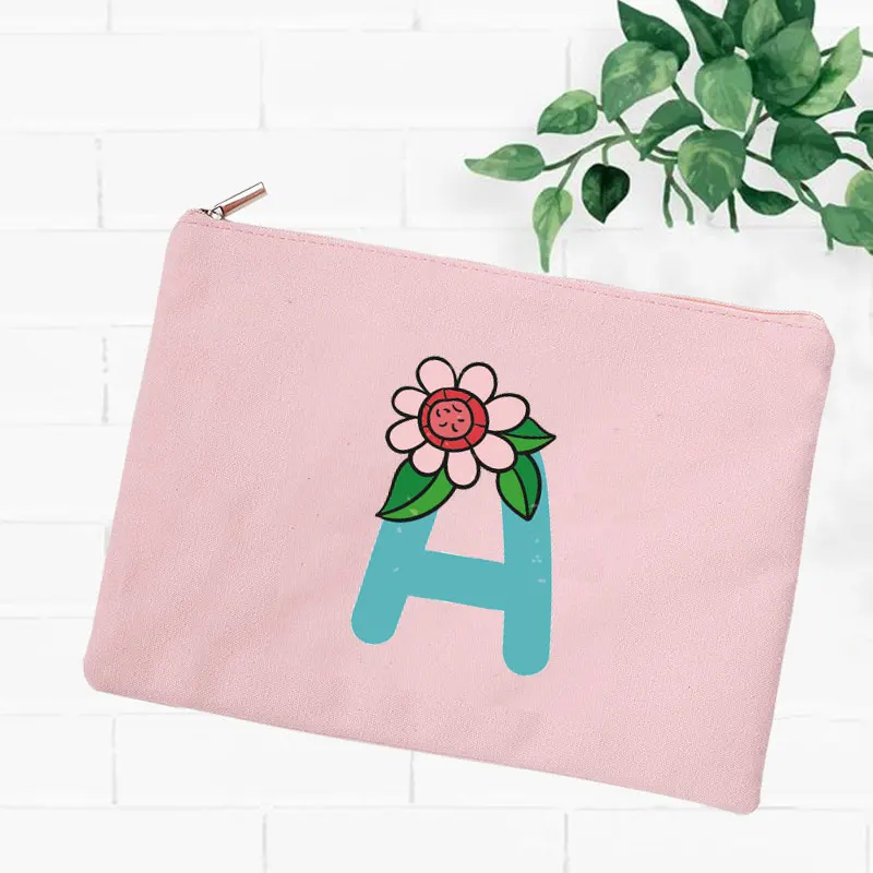 Floral Letter Print  Makeup Bag Bridesmaid Makeup Bags Linen Zipper Pouch Travel Organizer Case Mujer Bolsas Women Cosmetic Bag