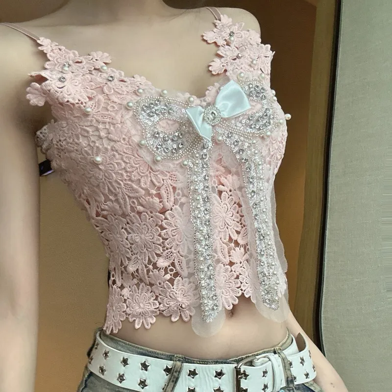 

Lace Spliced Slim Fit Y2K Summer Women Camisole Tops Fashion Bow Simple Causal Design Blouses