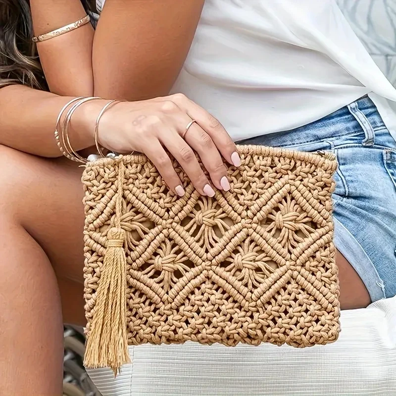 fashion rope woven clutch bag for women casual hollow out tassel clutch purses handmade summer beach bags 2024