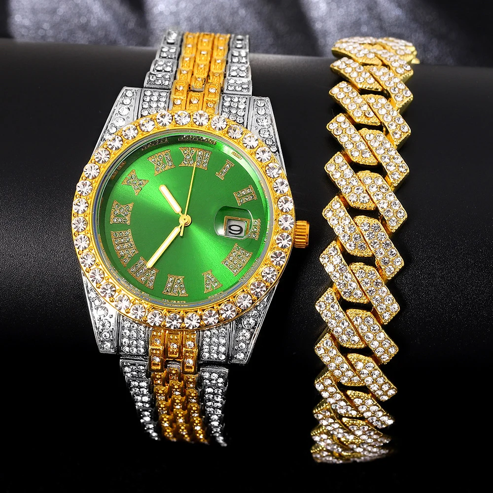 Heren luxe nieuwe stalen band quartz horloge rond glas kleur wijzerplaat volledig zirkoon horloge hiphop mode-sieraden cadeau