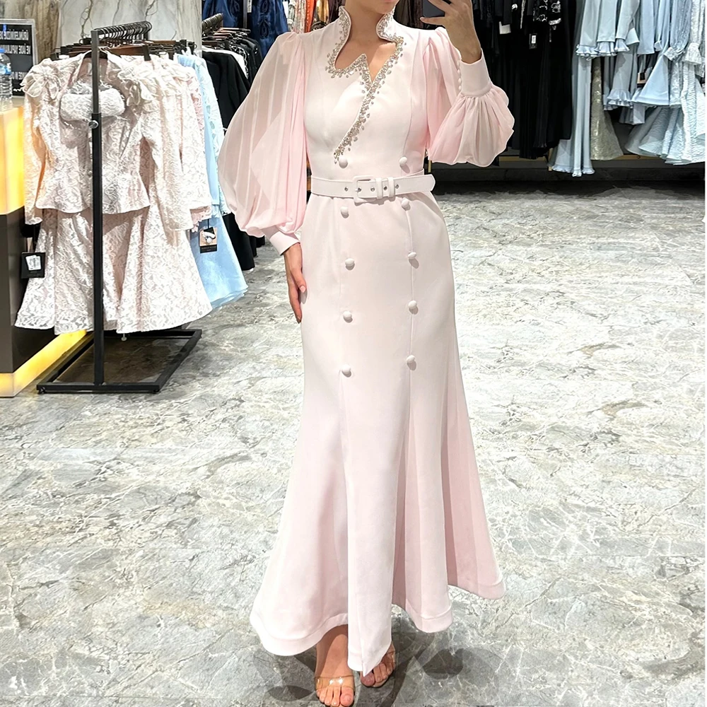

Customized A-line Evening Dresses Ankle-length High-neck Full Sleeve Prom Gown Fashion Crystal Button Sashes Draped Party Gown