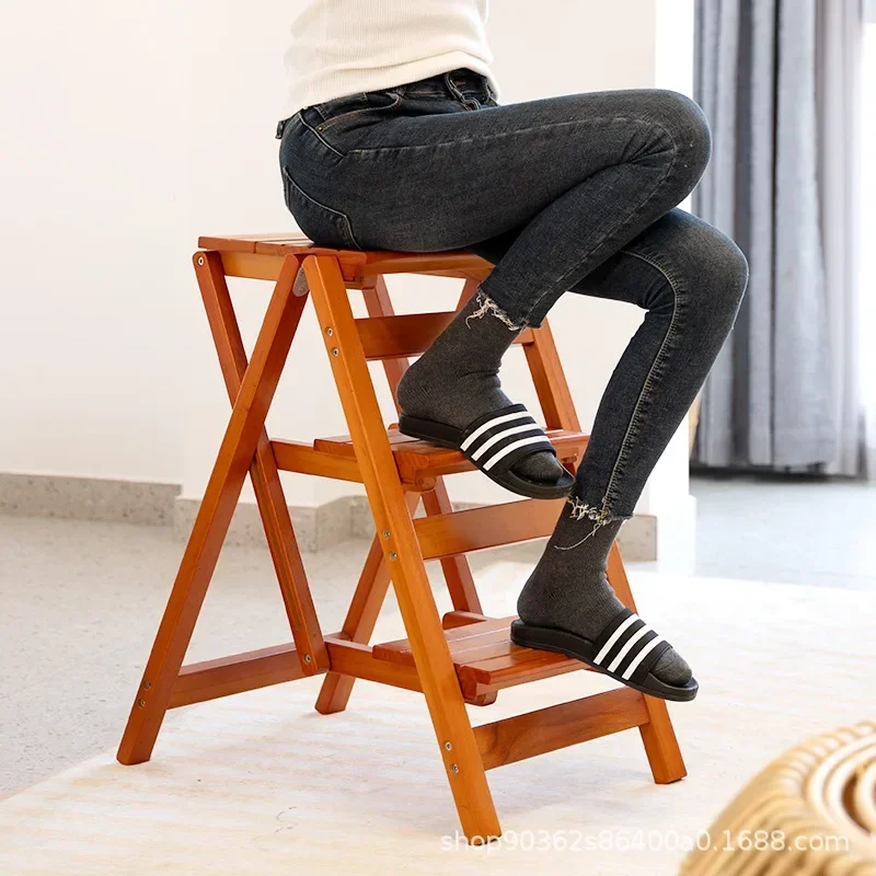 Solid Wood Ladder Installation-free Household Folding Stool Multi-functional Three-step Climbing Step Stool Stair Chair