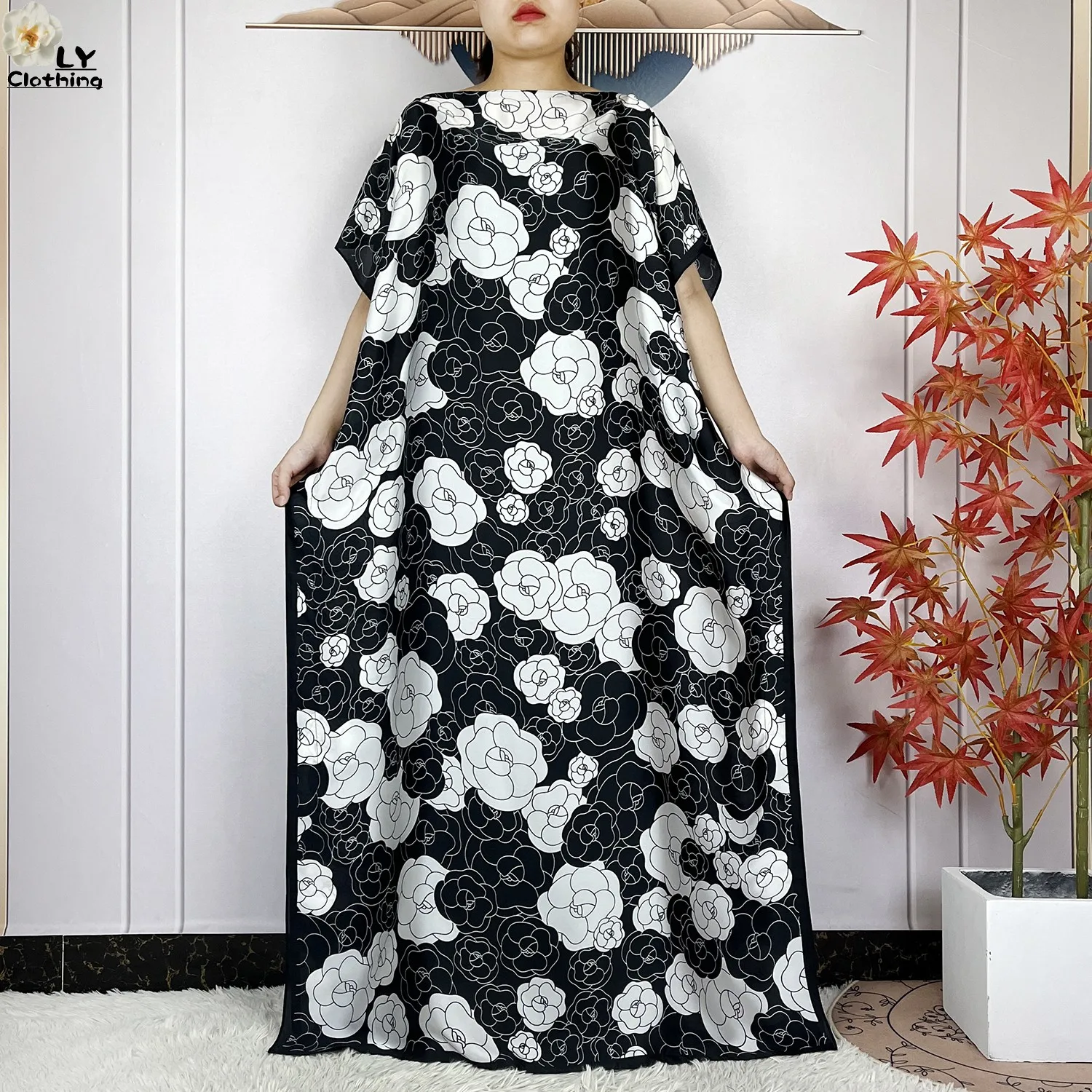 Summer African Dresses For Women Dashiki New African Abaya Silk Print Maxi Robe Islam Clothes Loose Women Dresses With Scarf