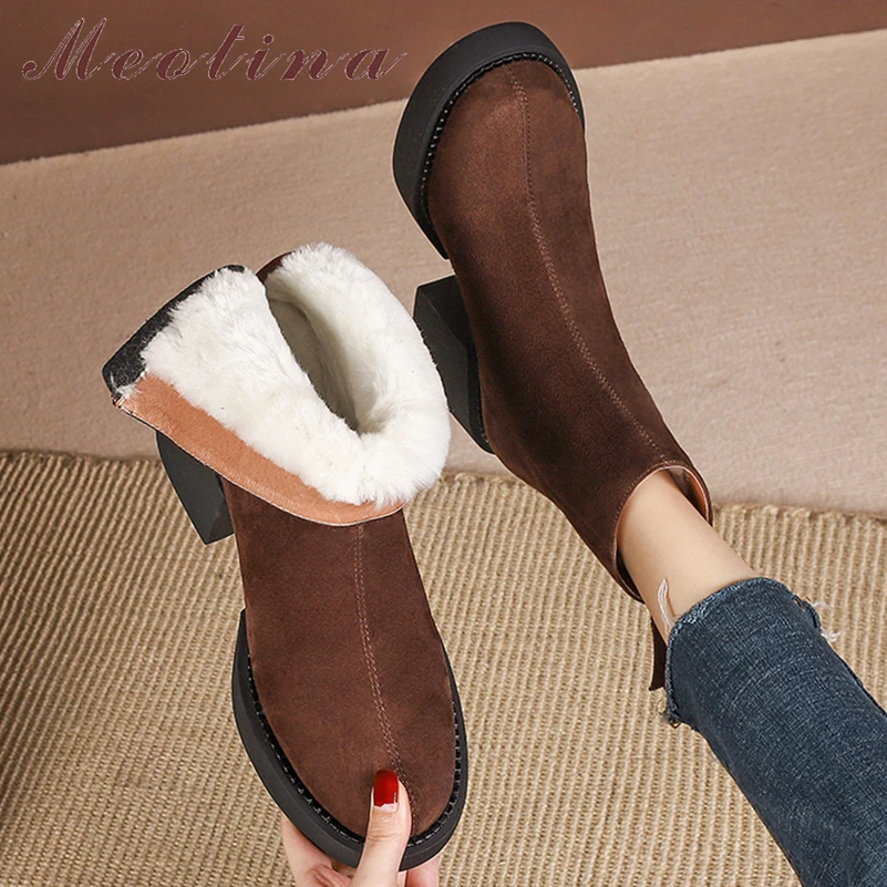 

Meotina Women Genuine Leather Ankle Boots Round Toe Platform Thick High Heels Zipper Wool Short Boot Ladies Fashion Shoes Winter