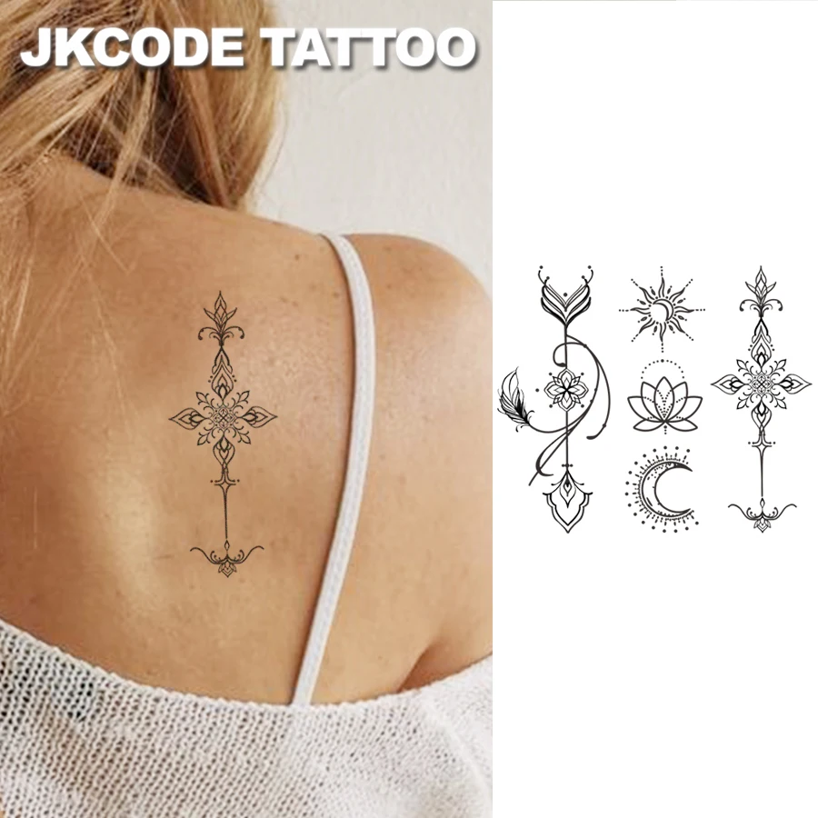 Sanskrit symbol tattoo - Herbal temporary tattoo with mysterious Sanskrit motifs - Guardian bow and arrow, sun, moon, lotus - Middle Eastern Ramadan TATTOO - Soft and elegant style - 3 line pattern tattoo designs for women, suitable for fingers, hands, shoulders, back, and neck - Long-lasting waterproof tattoo stickers for 15 days