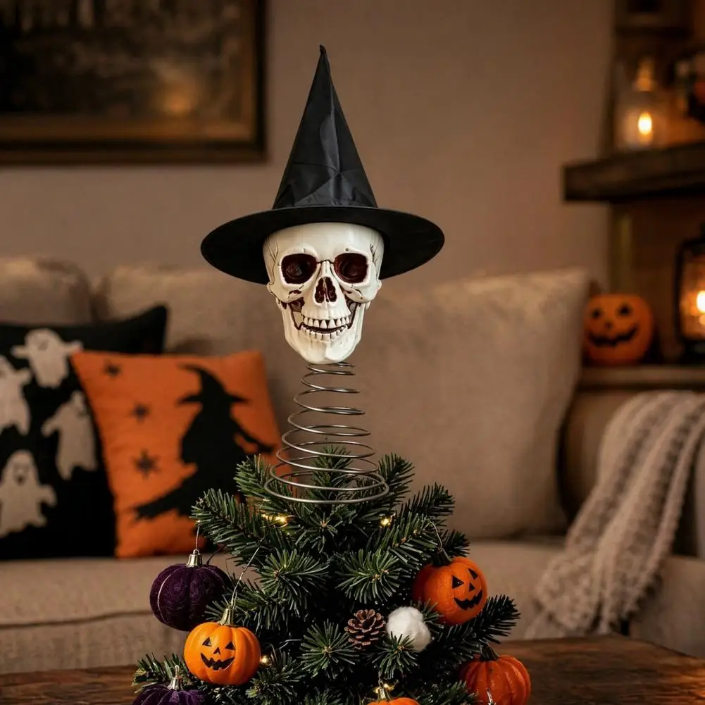 Theme Party Supplies Halloween Witch Hat Skull Tree Topper Skeleton Figurine Party Decor Spooky Festive Home Ornament Trick