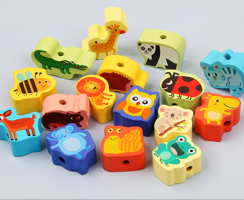 9-36 stücke Baby Holz Spielzeug Cartoon Obst Tier Bespannen Threading Holz Perlen Spielzeug Montessori Pädagogisches Spielzeug Für Kinder – Detail 7