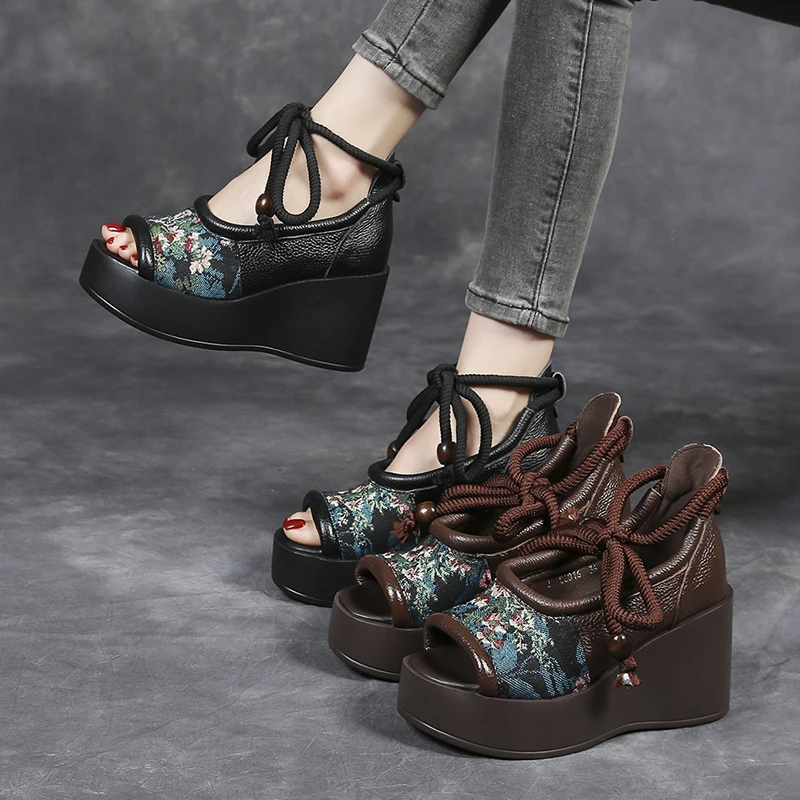 

Women Ethnic Floral Embroidered Platform Wedge Sandals Lace-Up Open Toe Thick Sole Vintage Chinese Style Summer Casual Shoes