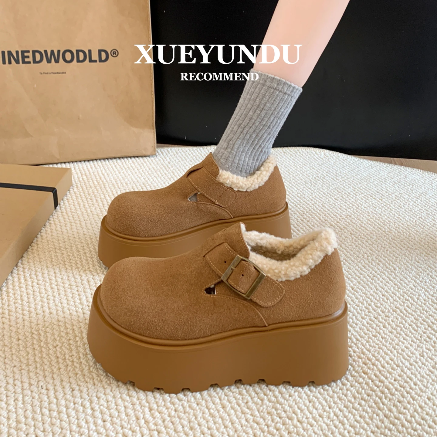 

Женские зимние теплые ботинки-снегоходы на меху, утепленные ботинки-биркенштоки на платформе, корейский стиль