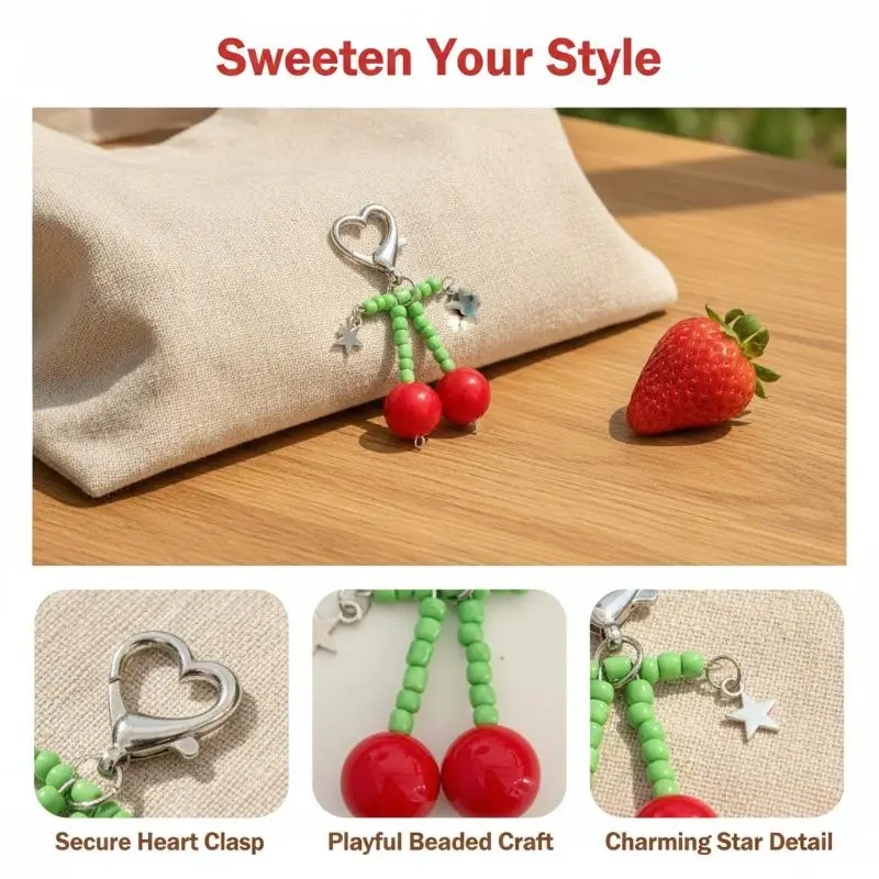 Niedlicher Roter Kirsch-Schlüsselanhänger, Herz-Schlüsselring, Süßer Frucht-Taschenanhänger für Mädchen, Coquette-Ästhetik Geschenke – Detail 4