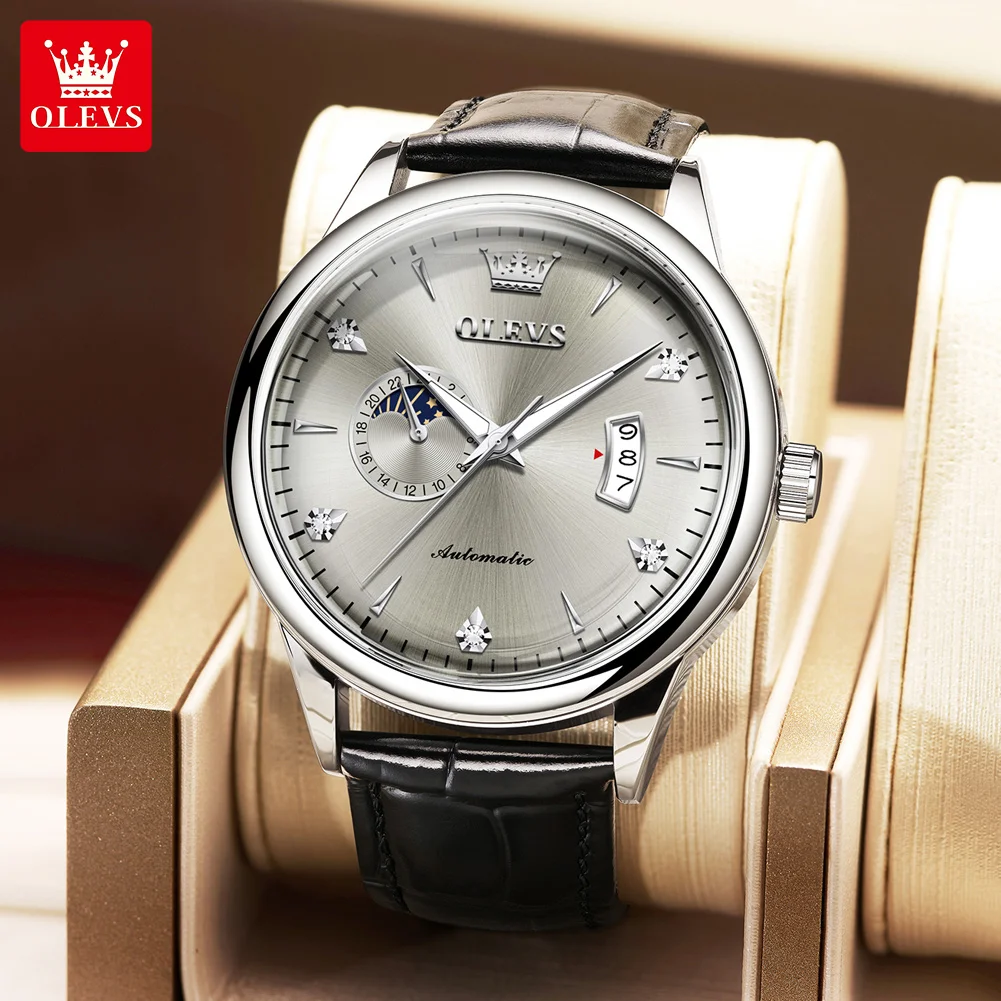 

OLEVS 7040, мужские часы с фазой Луны, водонепроницаемый кожаный ремешок, деловые часы, оригинальные автоматические механические часы, мужские часы