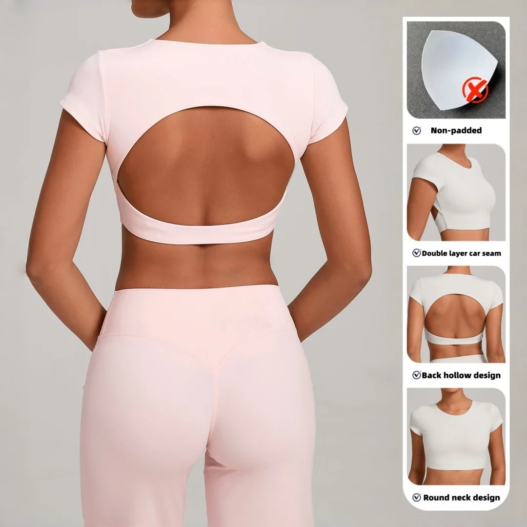 

New Backless Tight Sports Yoga Wear Double-layer Stitching T-shirts Fitness Running Casual Workout Clothes Gym Short Sleeve Top
