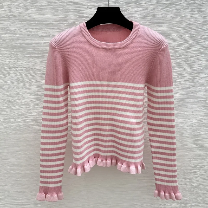 

High-quality pleated lace hemmed striped embroidered women's sweater autumn winter clothing pullover 251016141