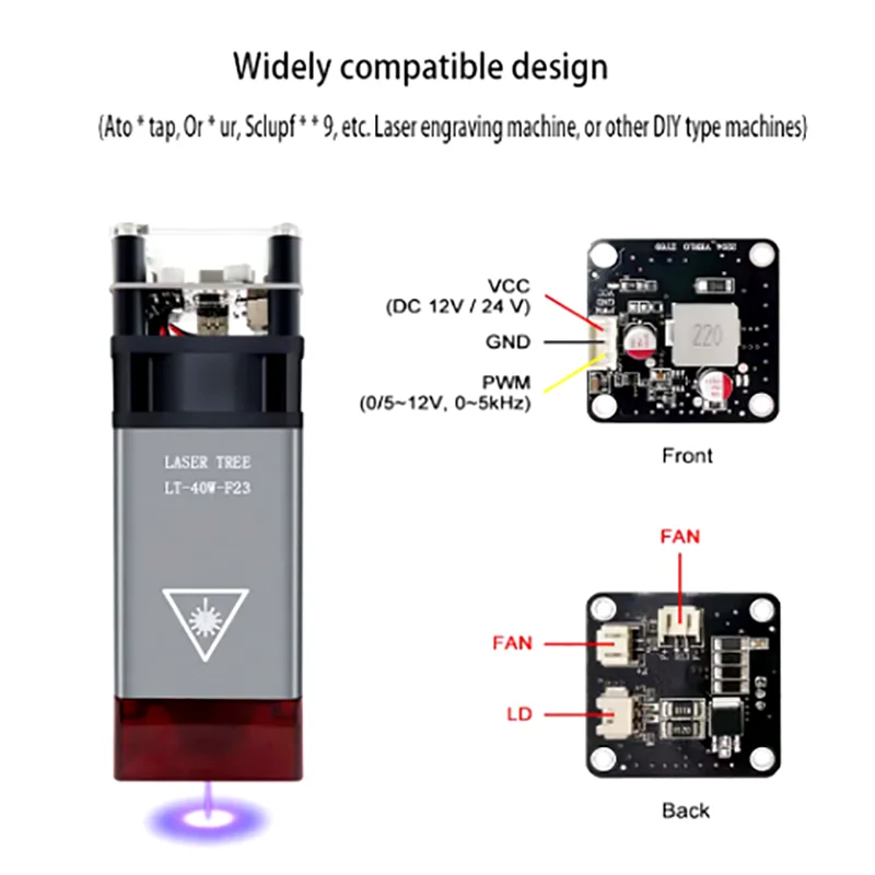 โมดูลตัดเลเซอร์450nm 5W 23มม. ความยาวโฟกัสคงที่สีน้ำเงินสำหรับเลเซอร์โมดูล CNC