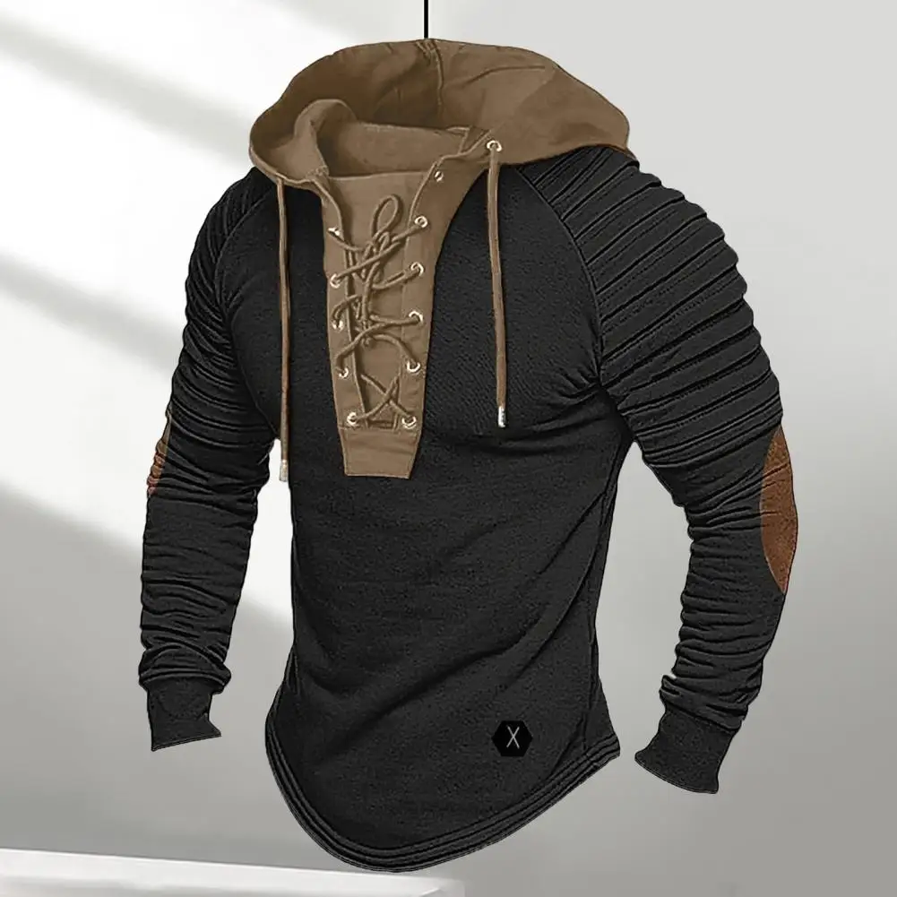 Men Spring Hoodie Pleated Shoulder Colorblock Drawstring Hooded Top Long Sleeve Pullover Lace-up Retro Daily Sport Hoodie