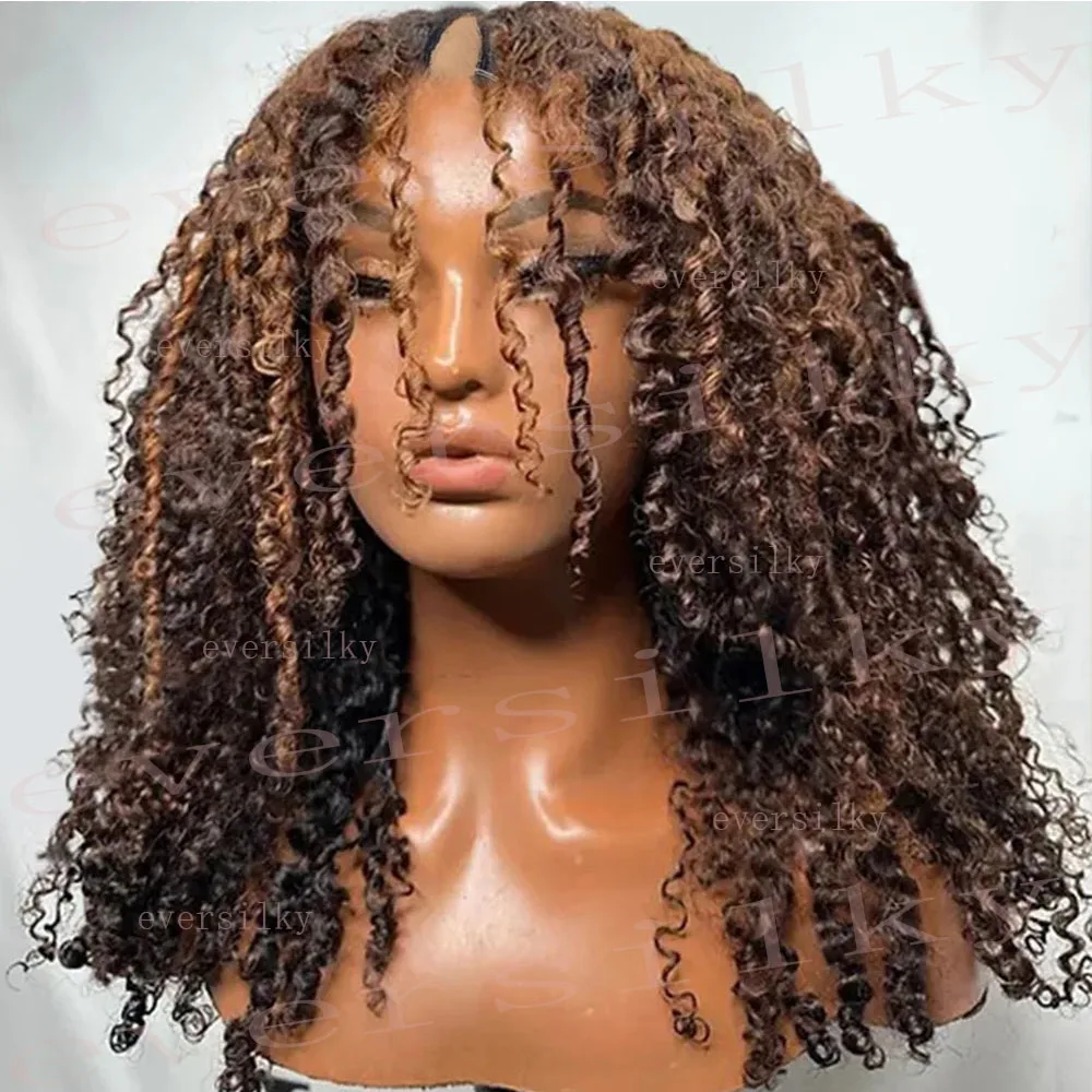 4C Edge Kinky Curly V Part Wigs Highlight Blonde Unprocessed 100% Human Hair Bouncy Curly  Chestnut Brown U Shape Wig Full End