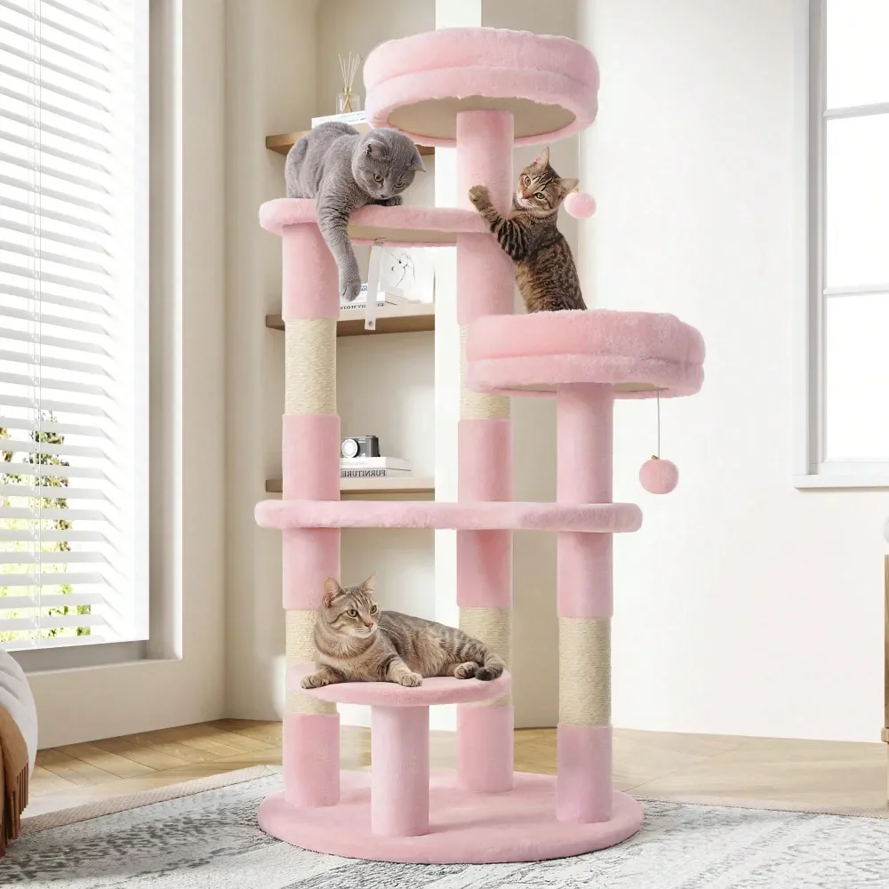 

55.5 In Cat Tree For Indoor Kitties, Soft Plush Perches, MultiLevel Cat Tower, Sisal ching Posts, Crescent Plates, Round J