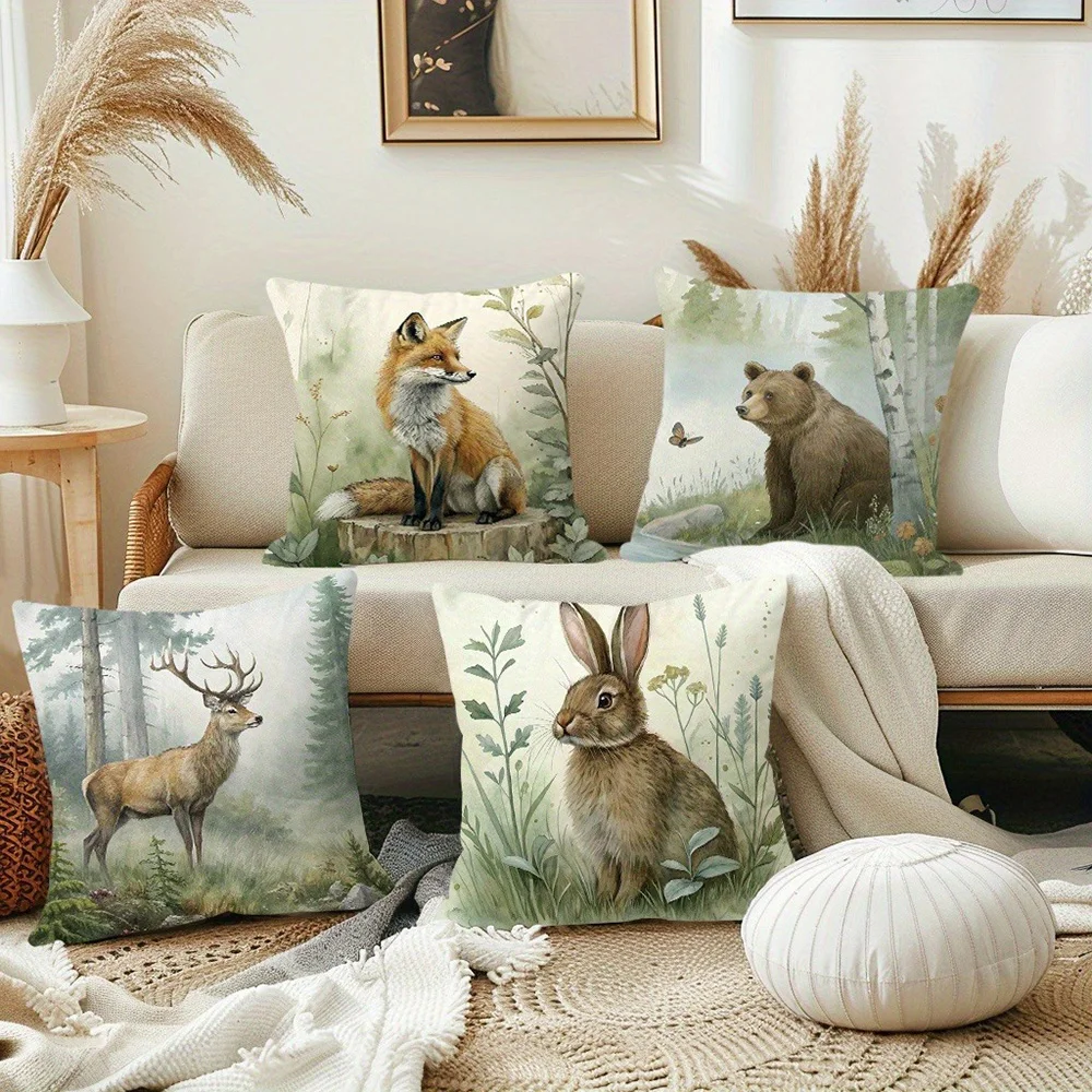 أغطية وسائد زخرفية مطبوعة للحياة البرية: تصميمات ثعلب ودب وغزلان وأرنب غطاء وسادة أريكة لتزيين غرفة المنزل #2