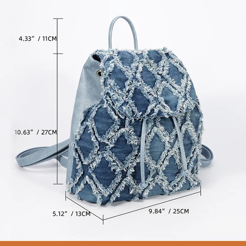 Hot selling denim backpack large capacity women\'s quilted diamond checkered flip backpack raw edge tassel denim bag