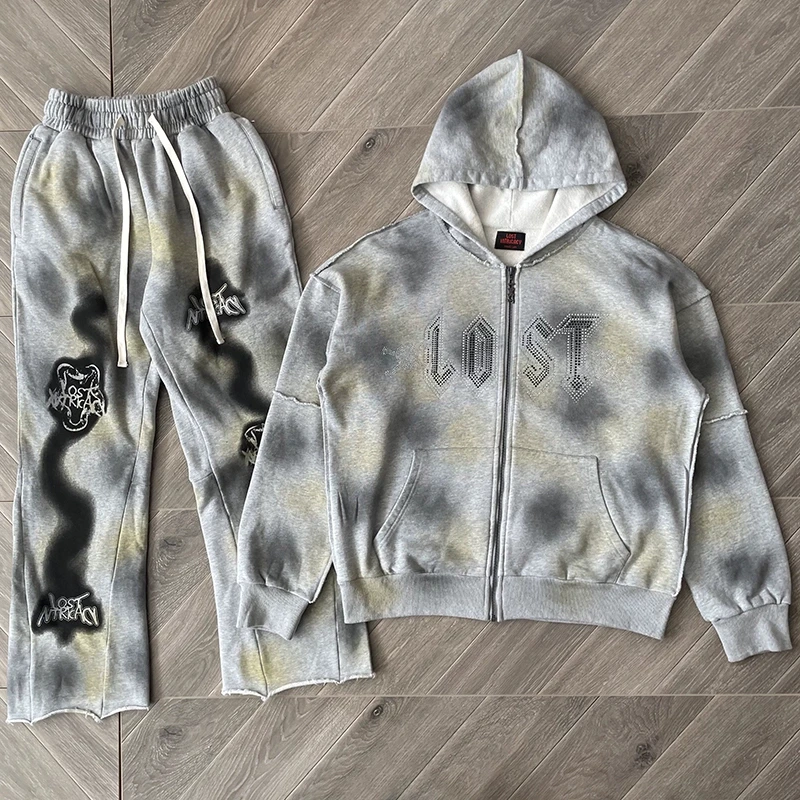 

LOST INTRICACY GREY FADED Zipper Hoodie Men Women High Street Retro Diamond Inlay Oversized Hooded Jacket