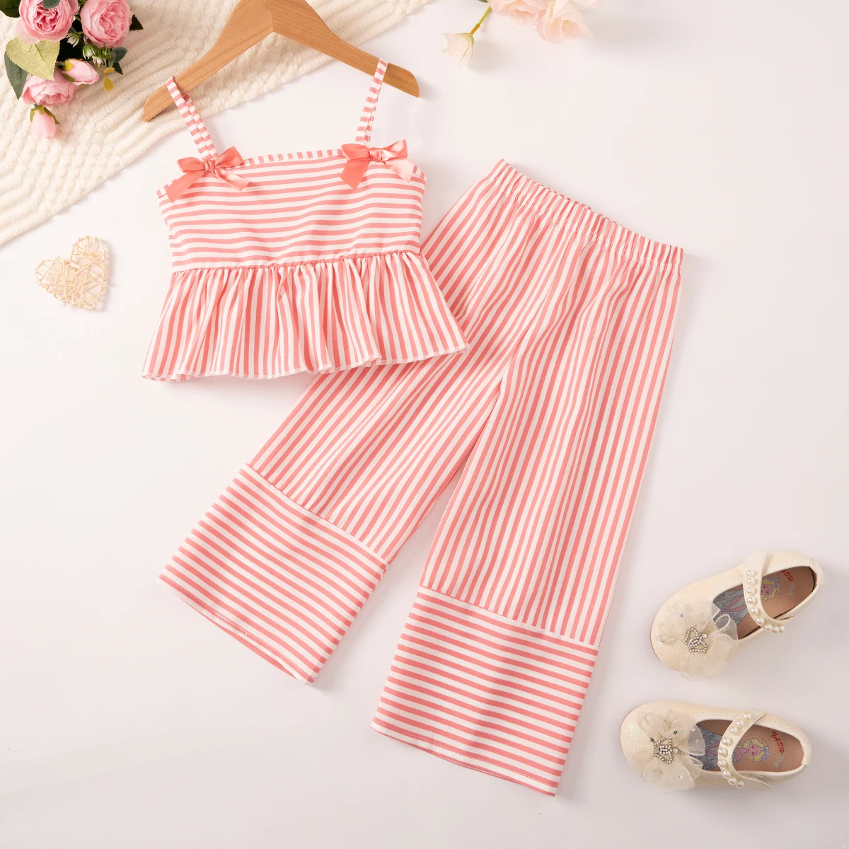 Girls 2-Piece Set Summer Bow Tie Strap Top & Wide Leg Pants Outfit Striped Sleeveless Casual Kids Clothing