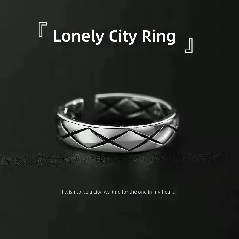 Retro Lonely City Ring Men Single Ring Fashion Trendy Cool Student Index Finger Tail Ring Personalized Simple Rhombus Jewelry