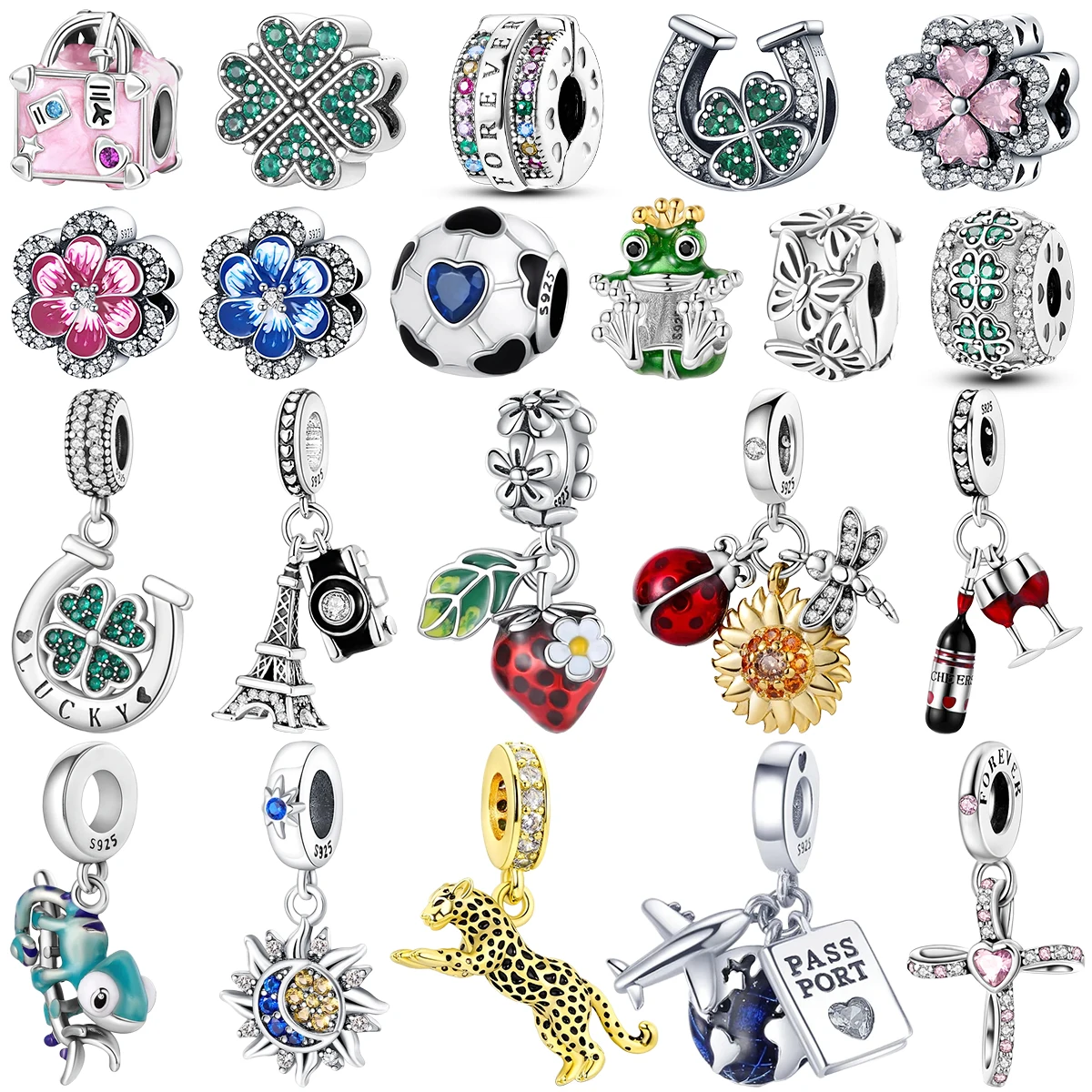 

Фурнитура для браслетов DIY: Шармы из серебра S925 пробы с камнями, в виде клевера, Эйфелевой башни, розовых цветочных мотивов, бутылки, самолета, лягушки, солнца, луны, а также бусины. Изделия для тонкой ювелирной работы.