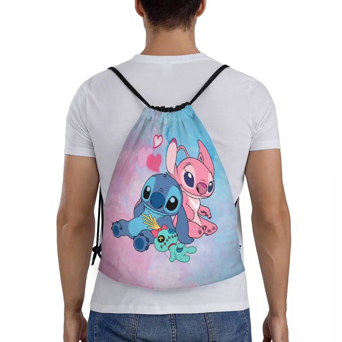 Custom Stitch Angel Drawstring Backpack Sports Gym Bag for Men Women Disney Anime Training Sackpack