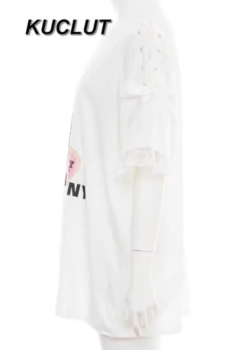 Women's Tops Summer Japanese Style Sweet and Cute Lace Casual Short Sleeve T-shirts Strap Bow Loose Tees Medium and Long T-Shirt