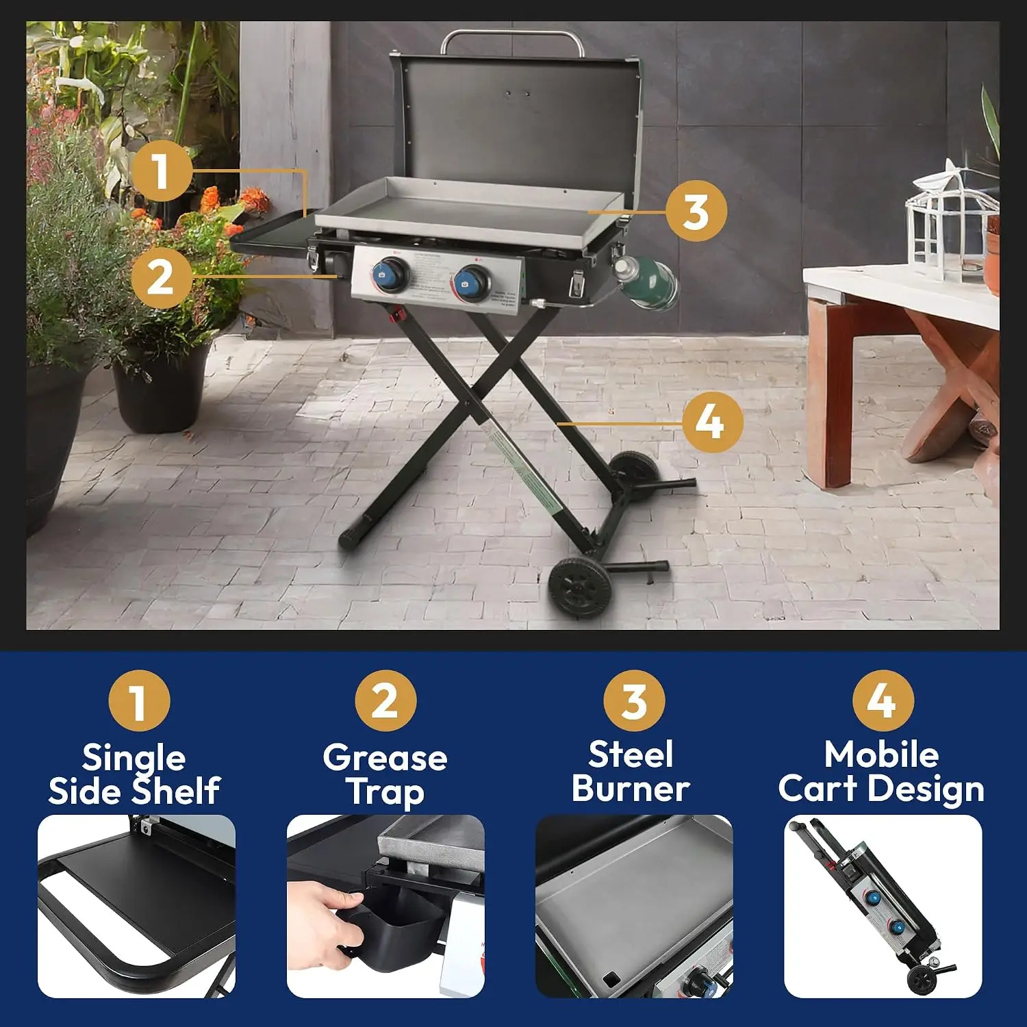 25 Inch Outdoor 2 Burner Portable LP Propane Gas Grill Griddle with Top Cover, Wheels, & Storage Shelf, Custom
