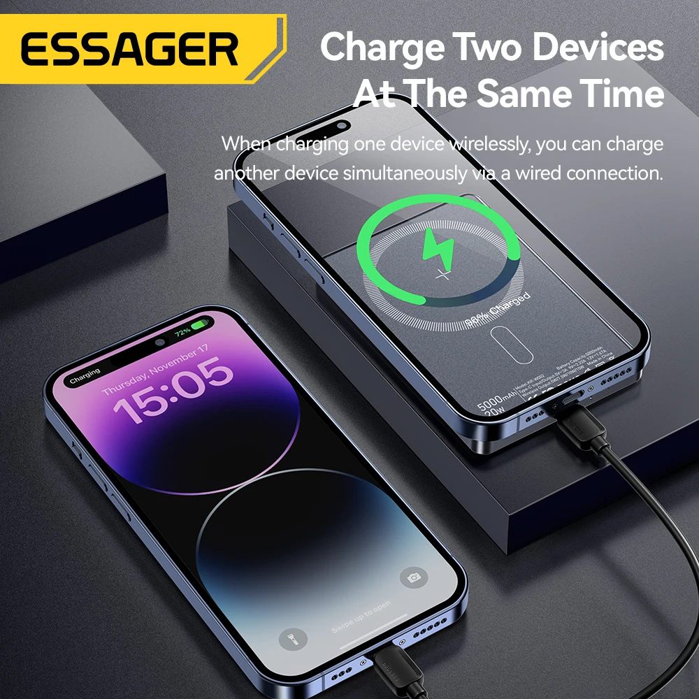 Imagem -04 - Essager Thin Wireless Power Bank Powerbank de Carga Rápida Carregador de Bateria Externo Magnético Portátil para Iphone 15 14 13 12 5000mah