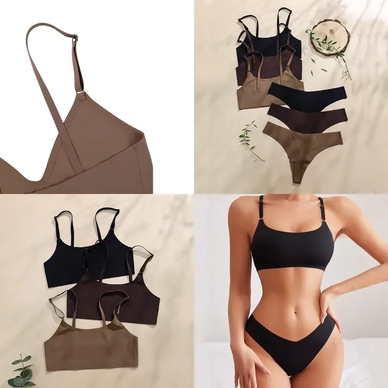 Hot Sale High Quality Latest Design US Size Stylish Solid Ice Silk Seamless Wireless Bra and Women Underwear Set